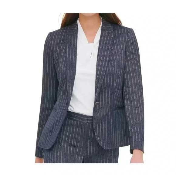 Tommy Hilfiger Women's Navy Pinstripe Blazer Size 2 Single Button Elbow Patches - Picture 1 of 13